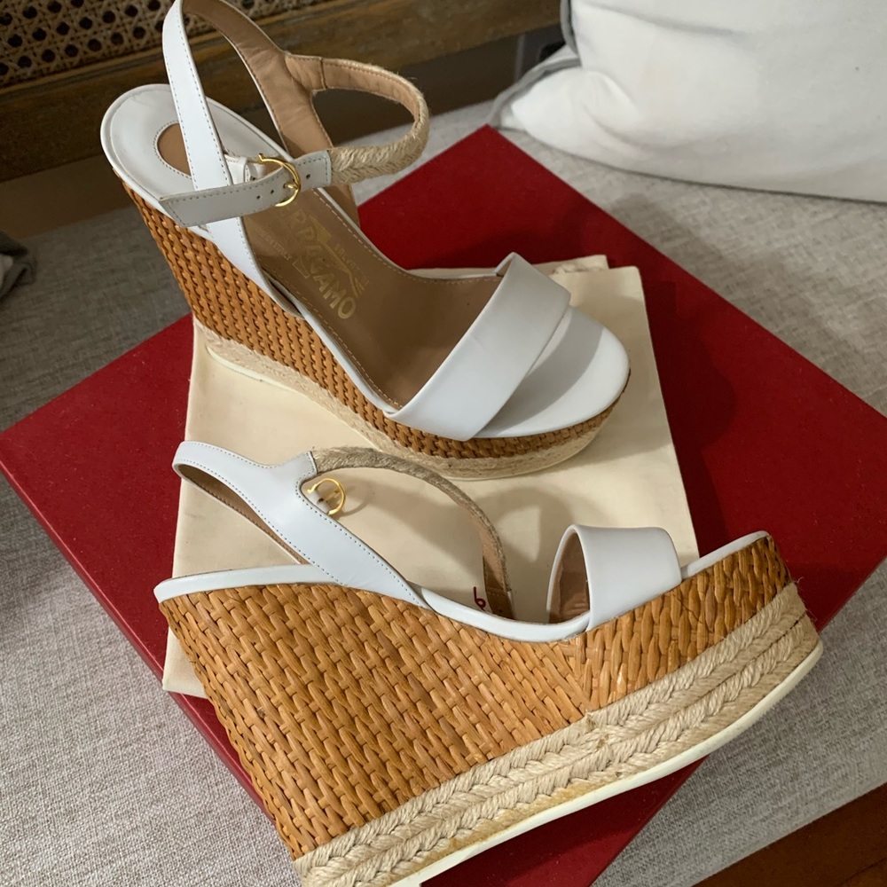 Salvatore Ferragamo white/ Tan wedges